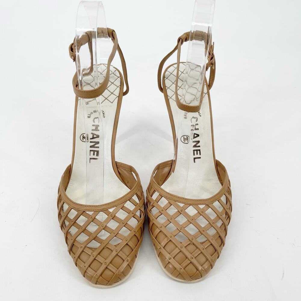 Chanel Vintage Retro Camel Tan Leather Woven Lattice Ankle Strap Heels EU 38 - Picture 5 of 14